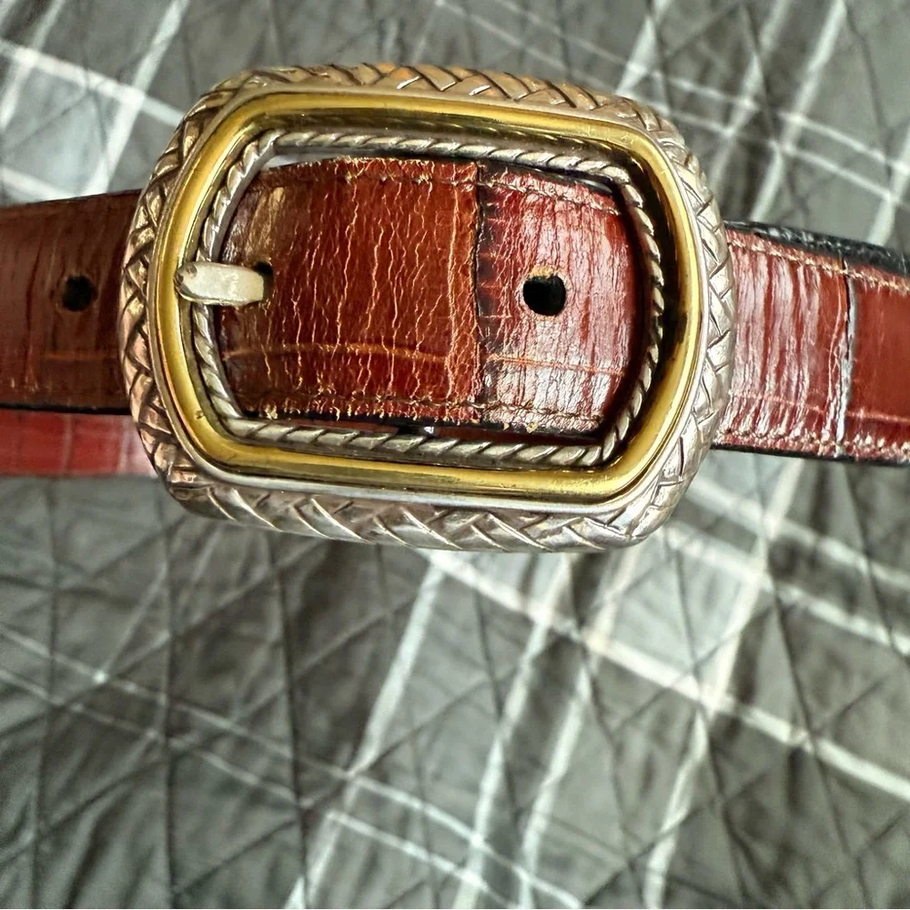 Brighton Marcus Two-Tone Reversible Brown & Black Leather Belt Silver Buckle M/L